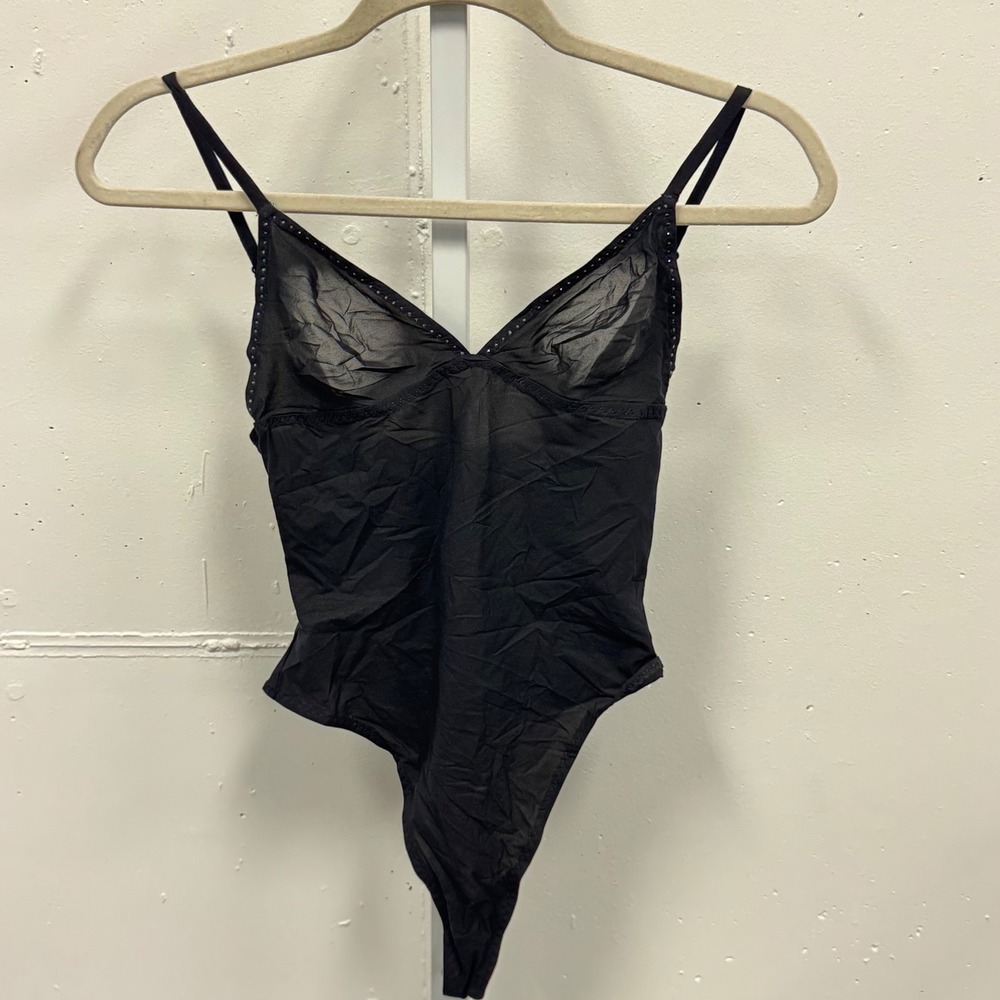 Capucine Puerari Black Sheer Bodysuit Rhinestone Trim Made in France 32B